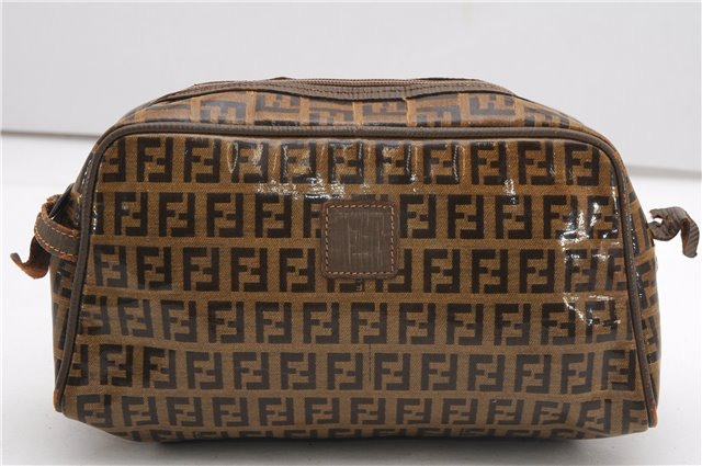 Authentic FENDI Zucchino Clutch Hand Bag Purse PVC Leather Brown K4604