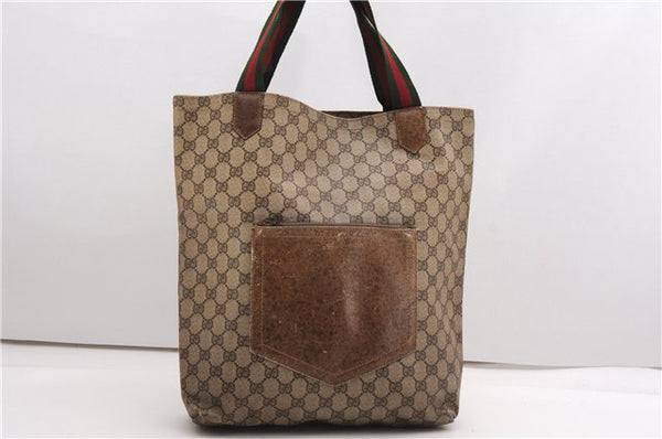 Authentic GUCCI Web Sherry Line Shoulder Tote Bag GG PVC Leather Brown K4606