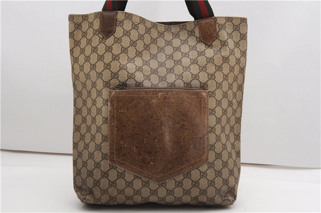 Authentic GUCCI Web Sherry Line Shoulder Tote Bag GG PVC Leather Brown K4606