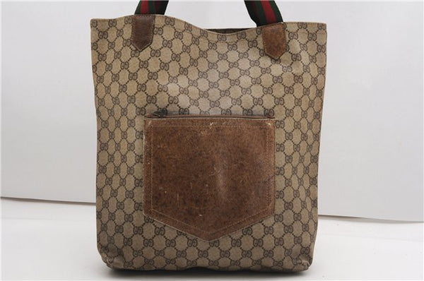 Authentic GUCCI Web Sherry Line Shoulder Tote Bag GG PVC Leather Brown K4606