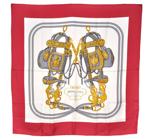 Authentic HERMES Carre 90 Scarf "BRIDES de GALA par" Silk Red K4622