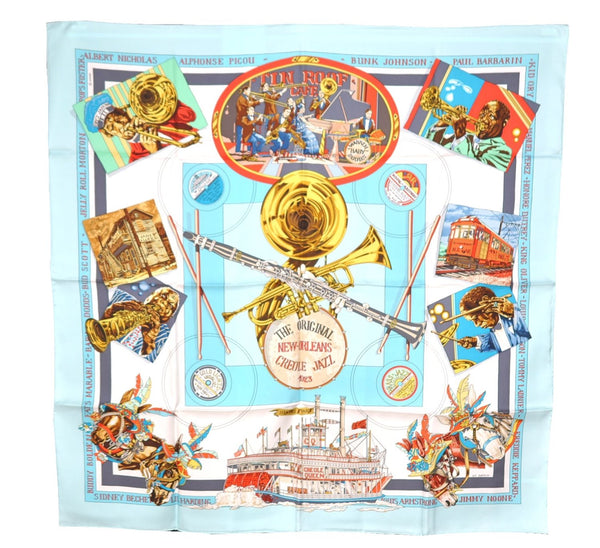 Authentic HERMES Carre 90 Scarf "NEW-ORIGINAL CREOLE JAZZ" Silk Blue Box K4642