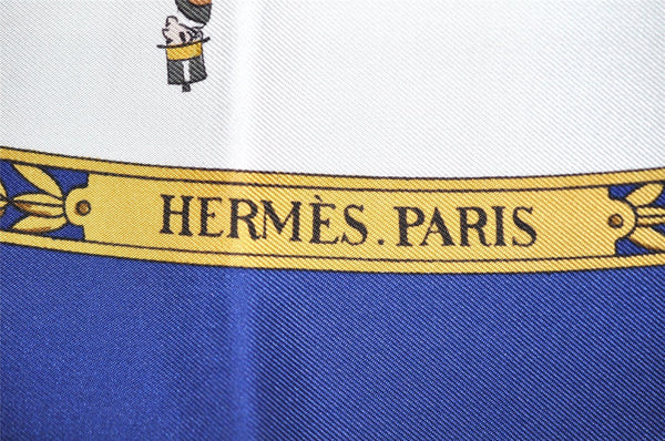 Authentic HERMES Carre 90 Scarf "LA PROMENADE DE LONGCHAMPS" Silk Blue K4655