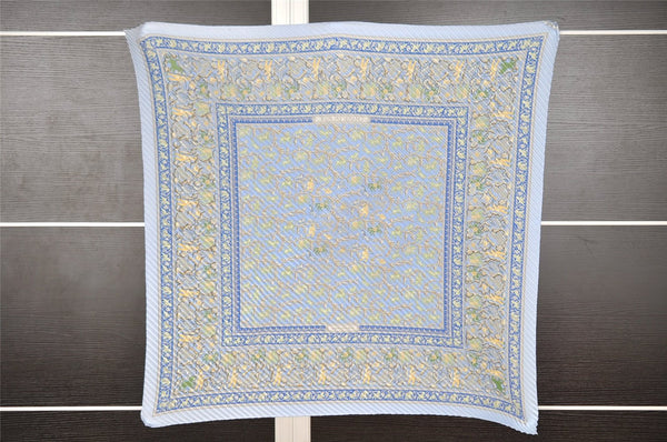 Authentic HERMES Pleats Scarf "CHASSE EN INDE" Silk Light Blue K4683