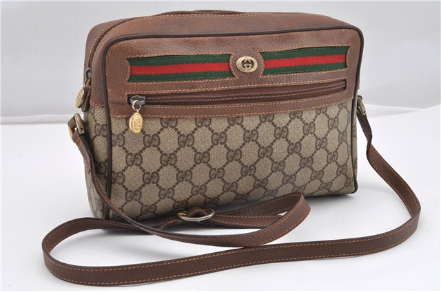 Authentic GUCCI Web Sherry Line Shoulder Cross Bag GG PVC Leather Brown K4692