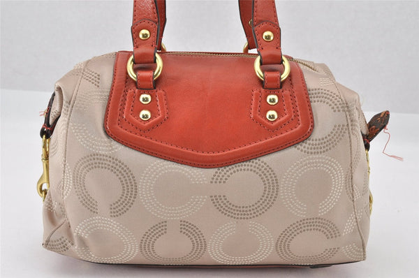 Authentic COACH Op Art 2Way Shoulder Hand Bag Satin Leather F20027 Beige K4702