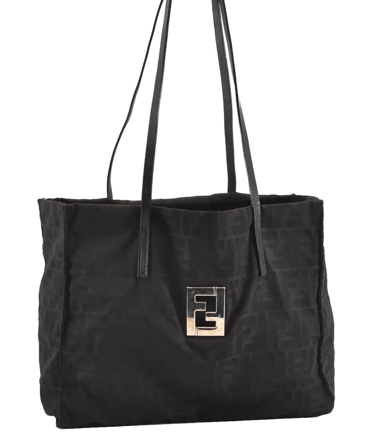 Authentic FENDI Vintage Zucca Shoulder Tote Bag Nylon Leather Black K4705