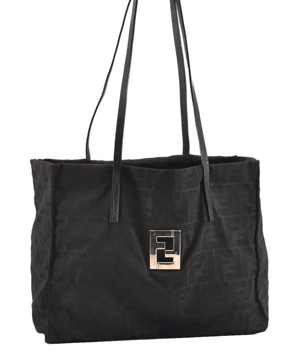 Authentic FENDI Vintage Zucca Shoulder Tote Bag Nylon Leather Black K4705