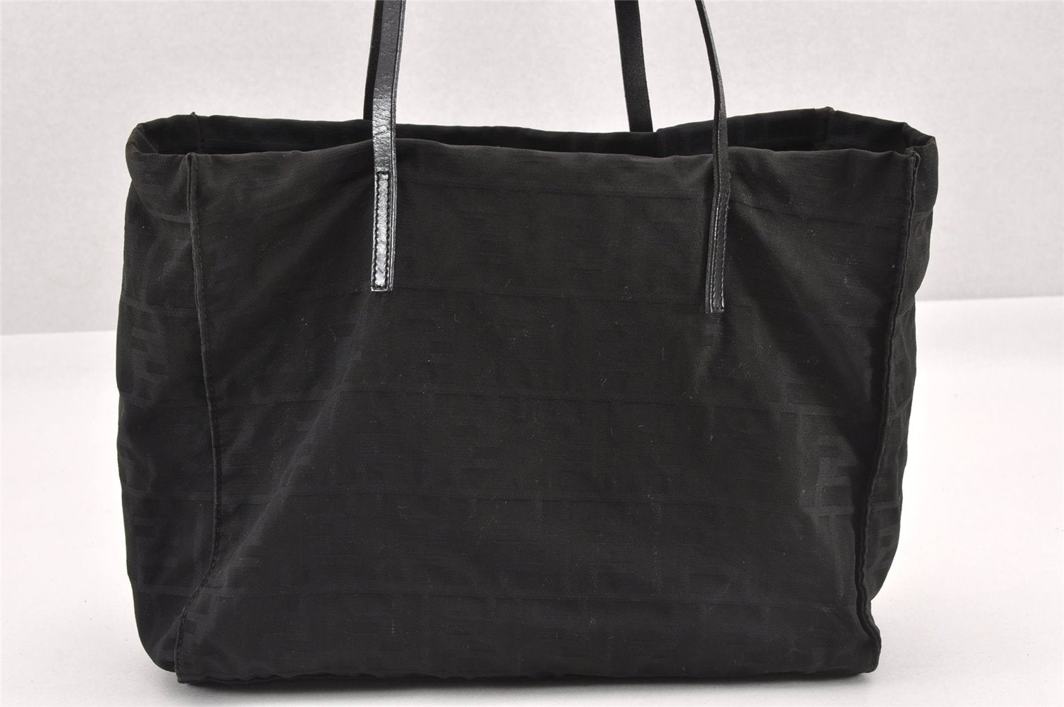 Authentic FENDI Vintage Zucca Shoulder Tote Bag Nylon Leather Black K4705