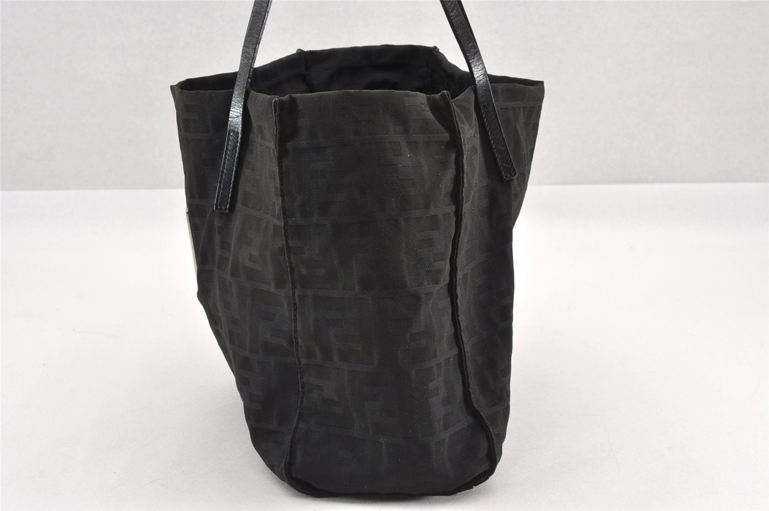 Authentic FENDI Vintage Zucca Shoulder Tote Bag Nylon Leather Black K4705