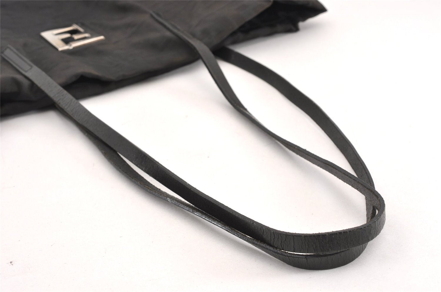 Authentic FENDI Vintage Zucca Shoulder Tote Bag Nylon Leather Black K4705