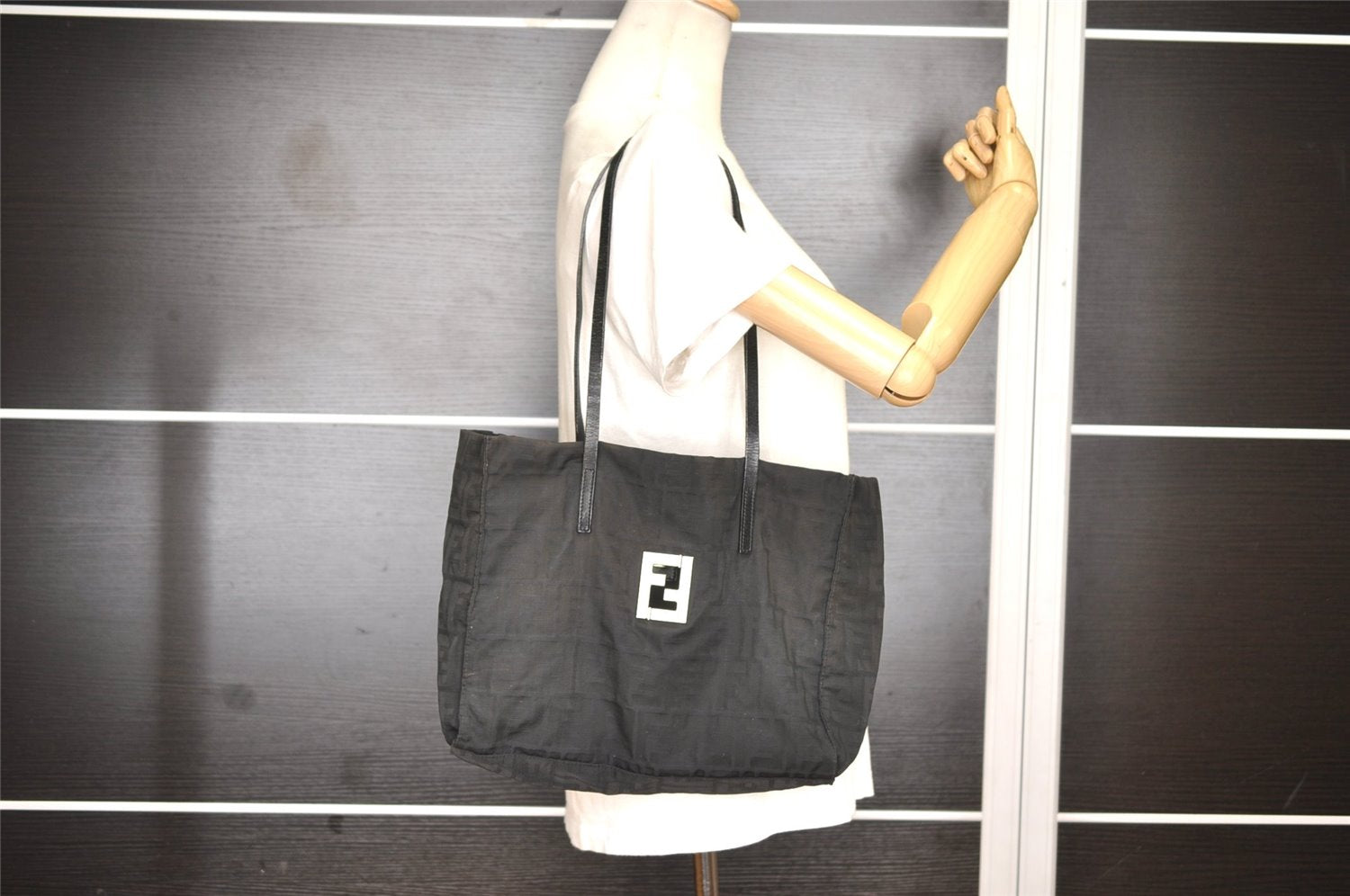 Authentic FENDI Vintage Zucca Shoulder Tote Bag Nylon Leather Black K4705