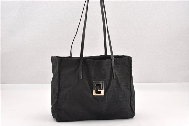 Authentic FENDI Vintage Zucca Shoulder Tote Bag Nylon Leather Black K4705