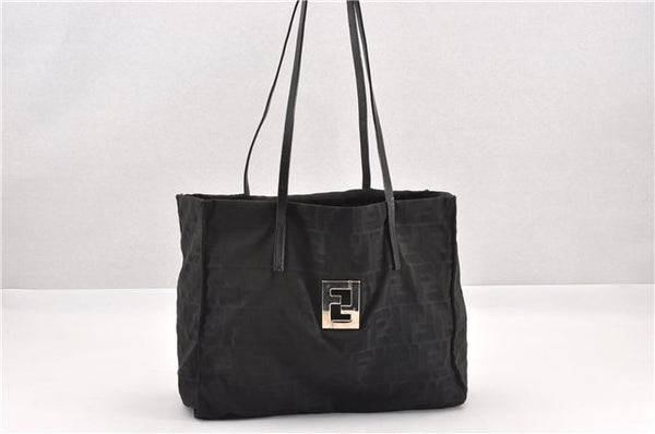 Authentic FENDI Vintage Zucca Shoulder Tote Bag Nylon Leather Black K4705