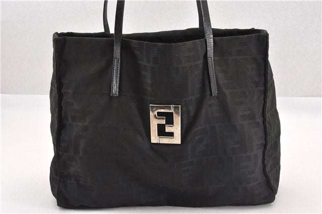 Authentic FENDI Vintage Zucca Shoulder Tote Bag Nylon Leather Black K4705