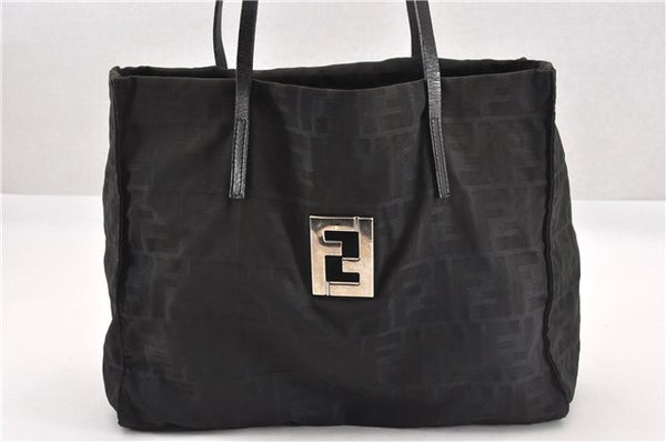 Authentic FENDI Vintage Zucca Shoulder Tote Bag Nylon Leather Black K4705