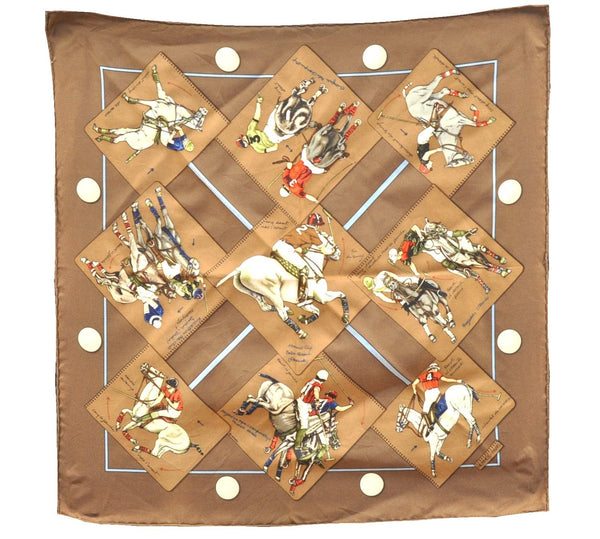 Authentic HERMES Petit Carre 40 Scarf Handkerchief "DU POLO" Silk Brown K4706