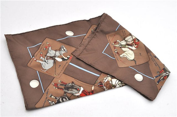 Authentic HERMES Petit Carre 40 Scarf Handkerchief "DU POLO" Silk Brown K4706