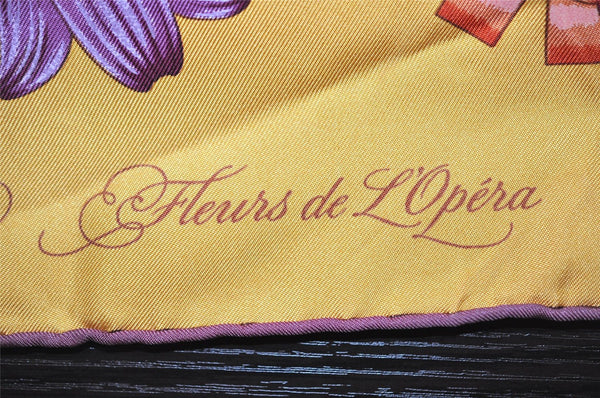 Authentic HERMES Carre 90 Scarf "Fleurs de L'Opera" Silk Purple Yellow K4730