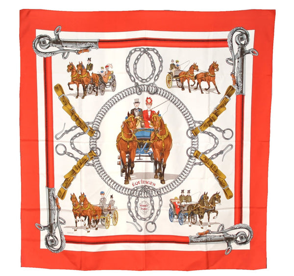 Authentic HERMES Carre 90 Scarf "EQUIPAGES" Silk Red K4737