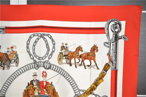 Authentic HERMES Carre 90 Scarf "EQUIPAGES" Silk Red K4737