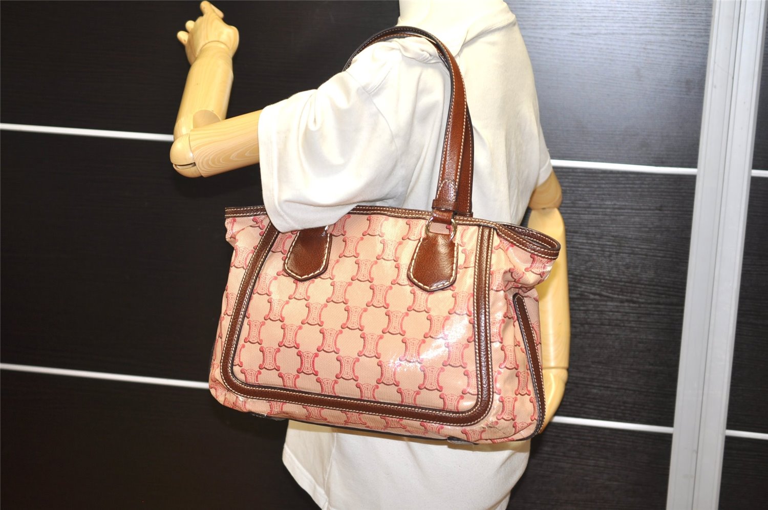 Authentic CELINE Macadam Shoulder Tote Bag PVC Leather Red Brown K4774