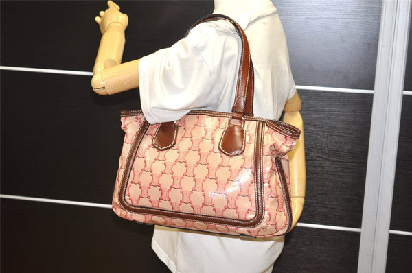 Authentic CELINE Macadam Shoulder Tote Bag PVC Leather Red Brown K4774