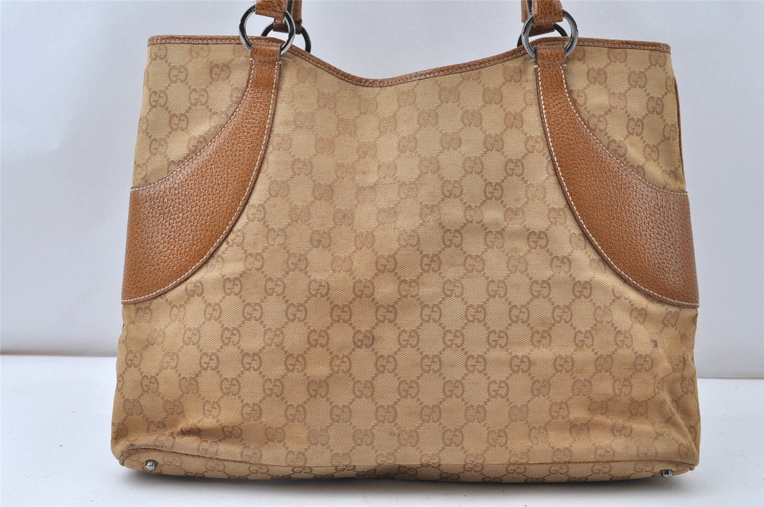 Authentic GUCCI Shoulder Hand Tote Bag GG Canvas Leather 113016 Beige K4784