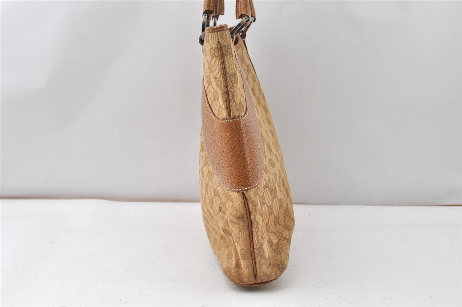 Authentic GUCCI Shoulder Hand Tote Bag GG Canvas Leather 113016 Beige K4784