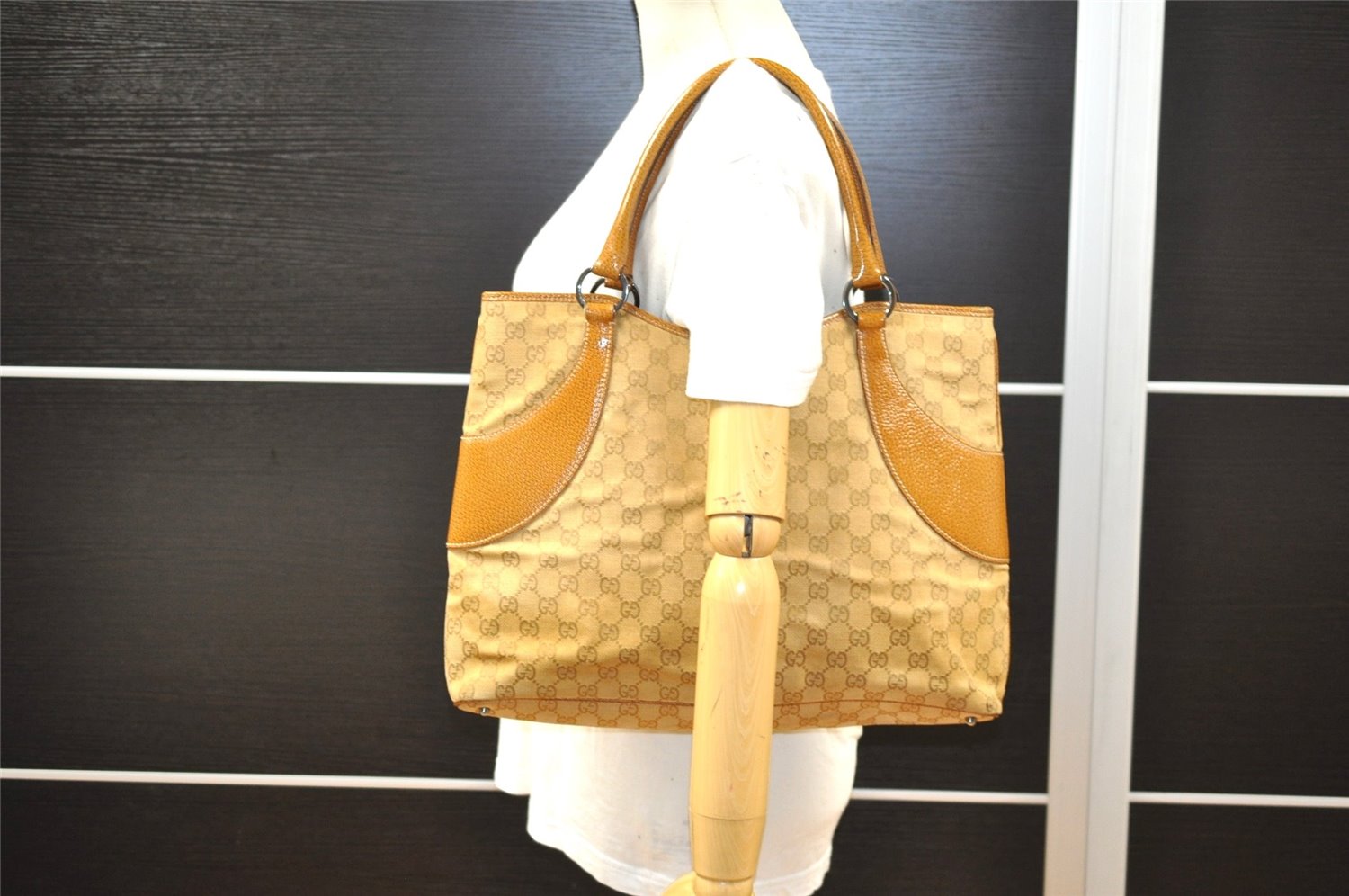 Authentic GUCCI Shoulder Hand Tote Bag GG Canvas Leather 113016 Beige K4784