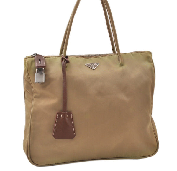 Authentic PRADA Nylon Tessuto Hand Bag Purse Beige K4785