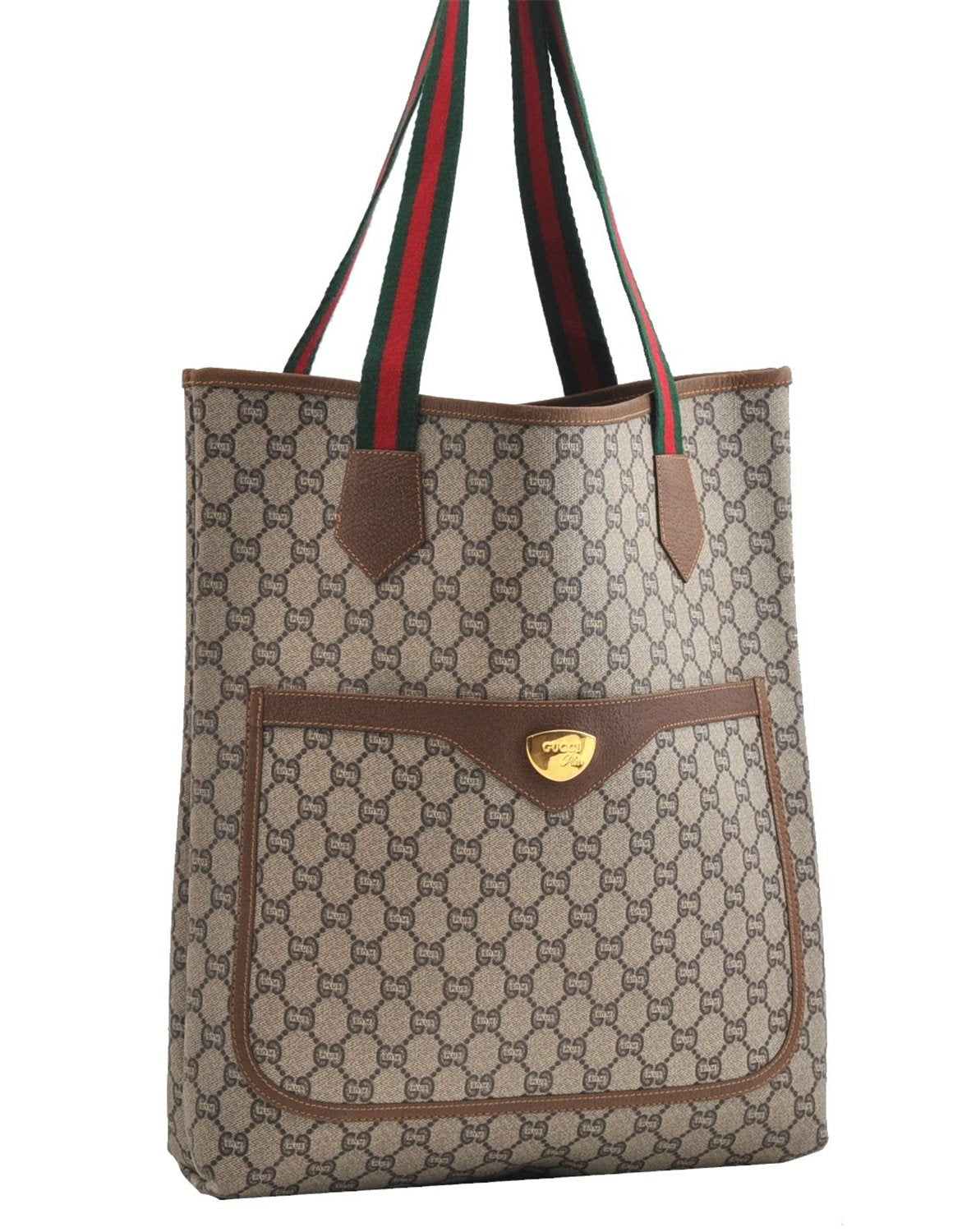 Authentic GUCCI Web Sherry Line GG Plus Tote Bag PVC Leather Brown K4849