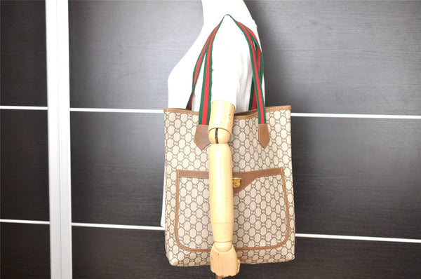 Authentic GUCCI Web Sherry Line GG Plus Tote Bag PVC Leather Brown K4849