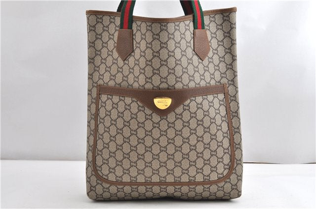 Authentic GUCCI Web Sherry Line GG Plus Tote Bag PVC Leather Brown K4849