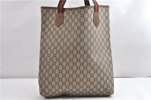 Authentic GUCCI Web Sherry Line GG Plus Tote Bag PVC Leather Brown K4849