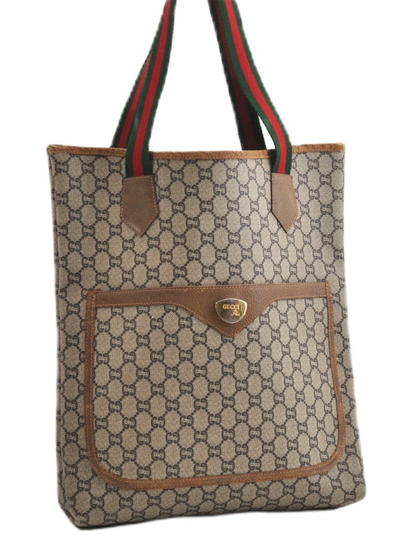 Authentic GUCCI Web Sherry Line GG Plus Tote Bag PVC Leather Brown K4853