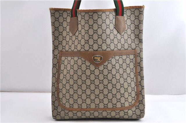 Authentic GUCCI Web Sherry Line GG Plus Tote Bag PVC Leather Brown K4853