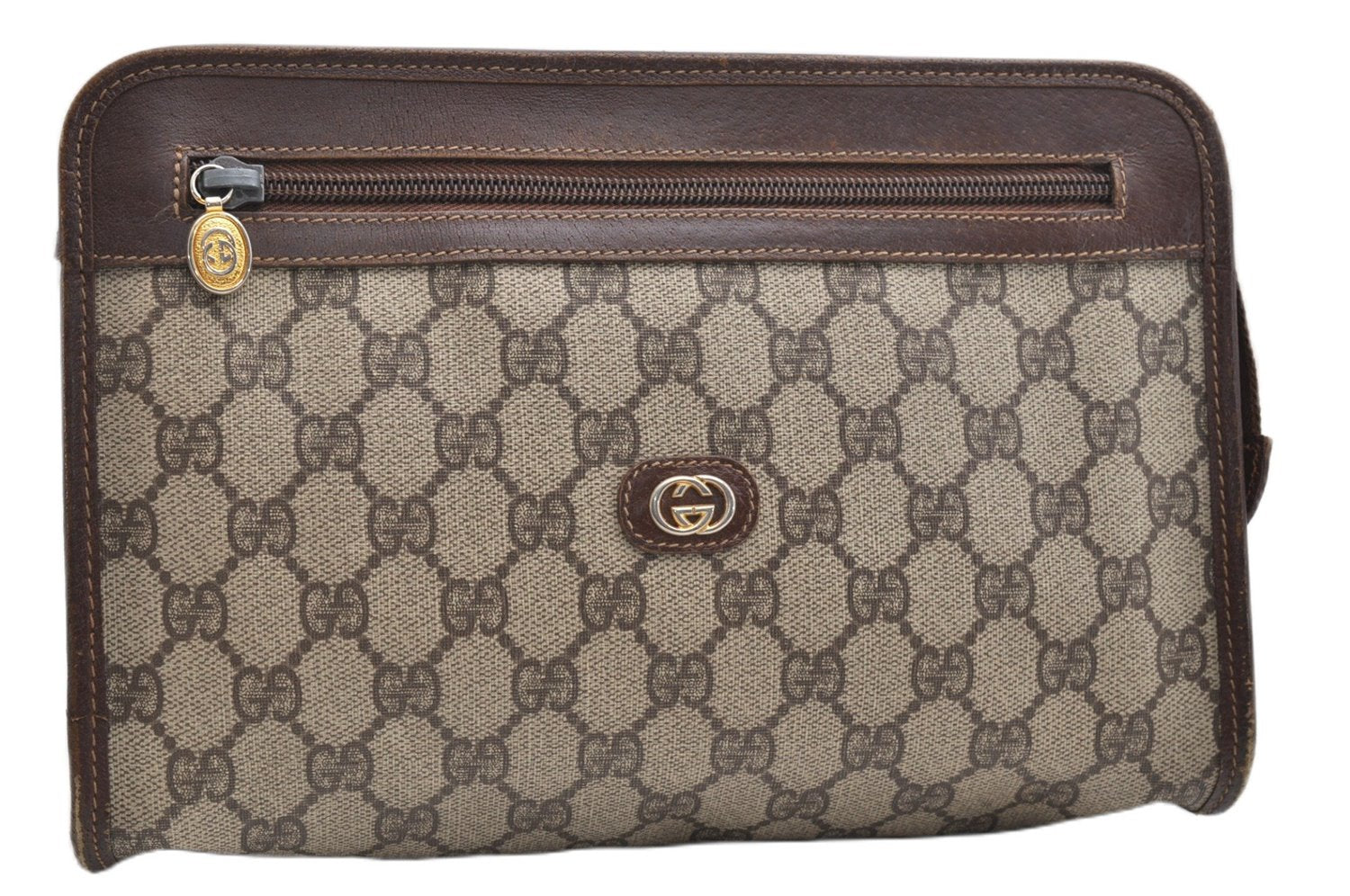 Authentic GUCCI Vintage Clutch Hand Bag Purse GG PVC Leather Brown K4856