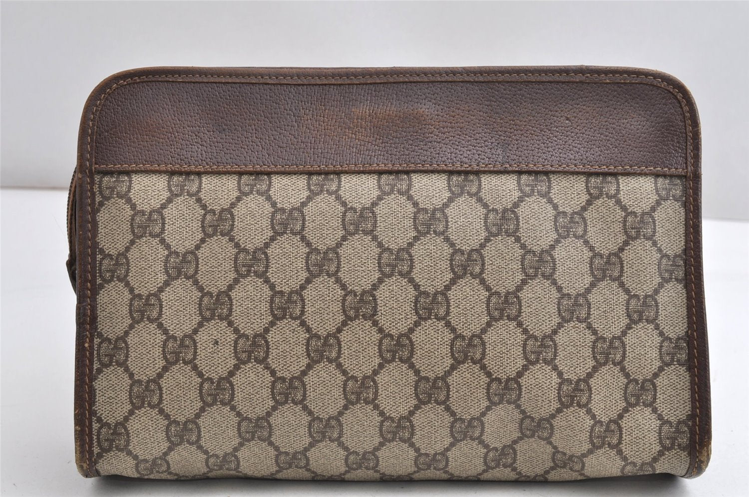 Authentic GUCCI Vintage Clutch Hand Bag Purse GG PVC Leather Brown K4856