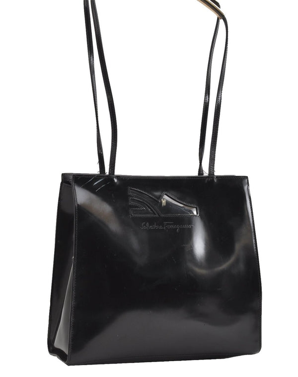 Authentic Salvatore Ferragamo Enamel Shoulder Tote Bag Black SF K4865