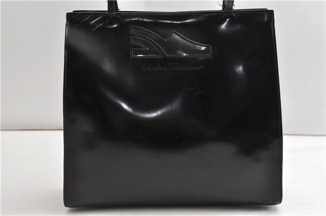 Authentic Salvatore Ferragamo Enamel Shoulder Tote Bag Black SF K4865