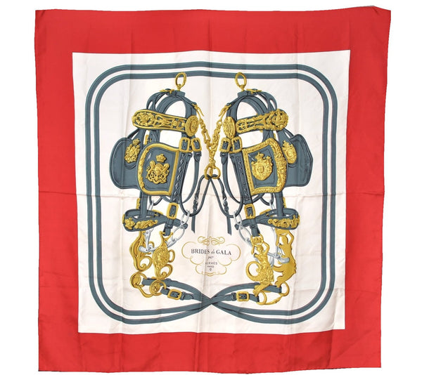 Authentic HERMES Carre 90 Scarf "BRIDES de GALA par" Silk Red K4875