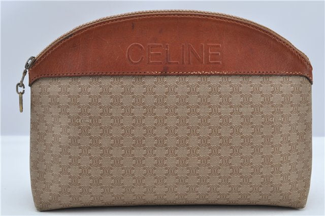 Authentic CELINE Macadam Blason Pattern Hand Pouch Purse PVC Leather Beige K4897