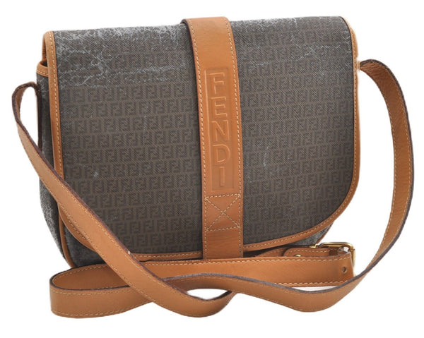 Authentic FENDI Zucchino Shoulder Cross Body Bag PVC Leather Brown Junk K4904
