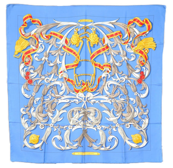 Authentic HERMES Carre 90 Scarf "LE MORS A LA CONETABLE" Silk Blue K4912