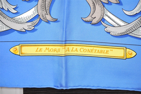 Authentic HERMES Carre 90 Scarf "LE MORS A LA CONETABLE" Silk Blue K4912