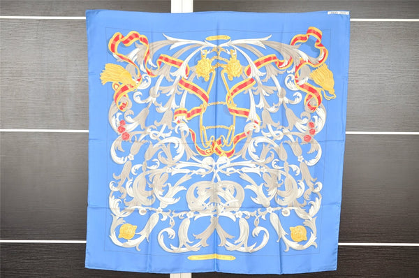 Authentic HERMES Carre 90 Scarf "LE MORS A LA CONETABLE" Silk Blue K4912