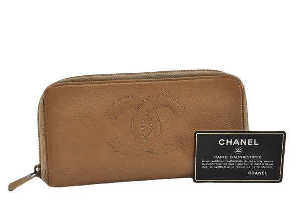 Authentic CHANEL Caviar Skin CC Logo Round Zip Long Wallet Purse Beige K4919