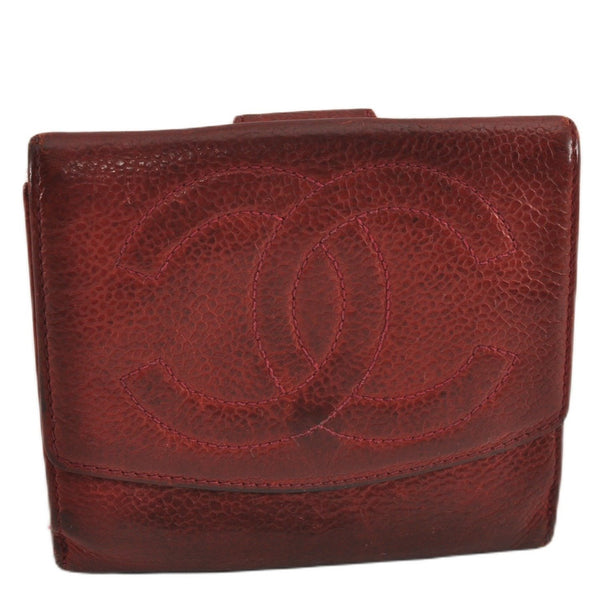 Authentic CHANEL Vintage Caviar Skin CC Logo Bifold Wallet Purse Red Junk K4920