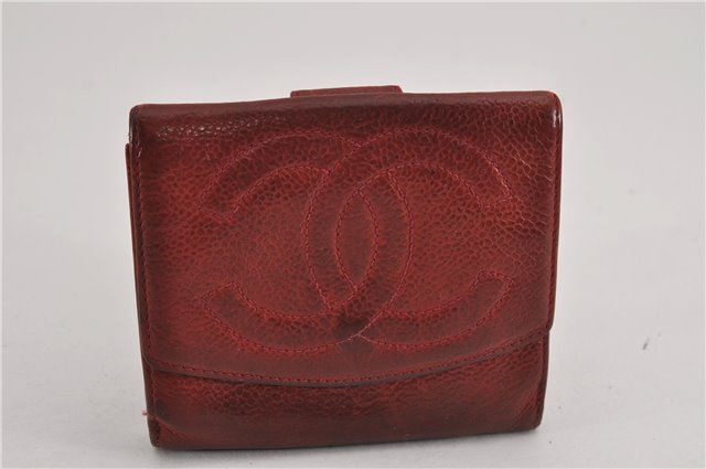Authentic CHANEL Vintage Caviar Skin CC Logo Bifold Wallet Purse Red Junk K4920